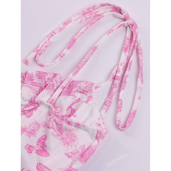 Floral Print Pink on White Long Dress Sheath, Drawstring Ties Maxi Stretchy - Picture 10 of 15